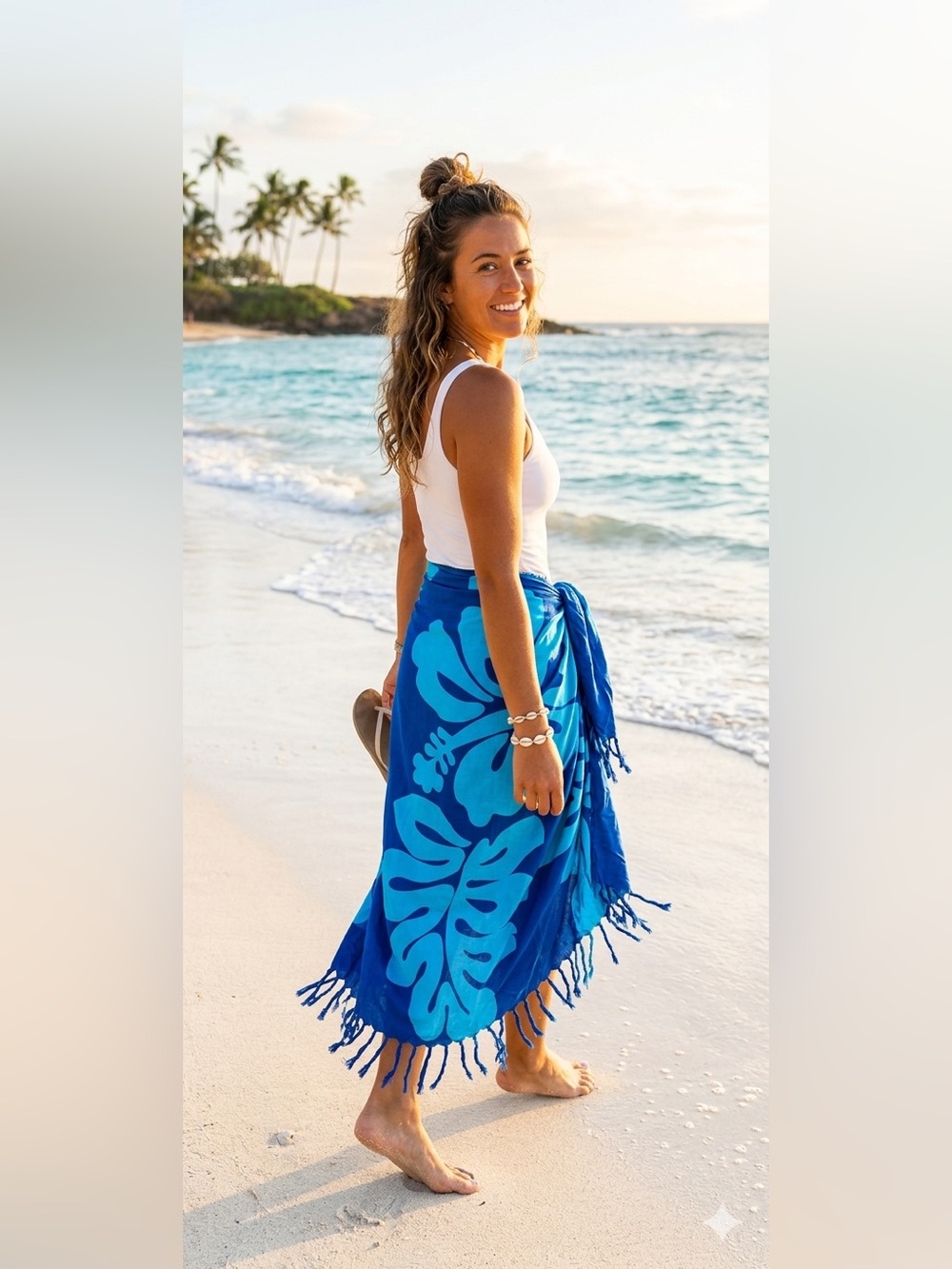 Dark blue on blue with hibiscus and leaves pareo sarong